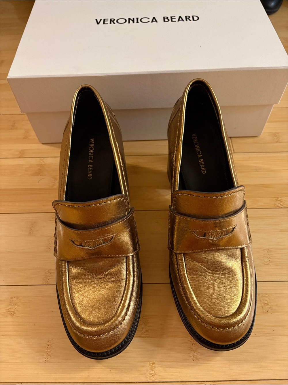Veronica Beard Metallic Gold Heeled Penny Loafers